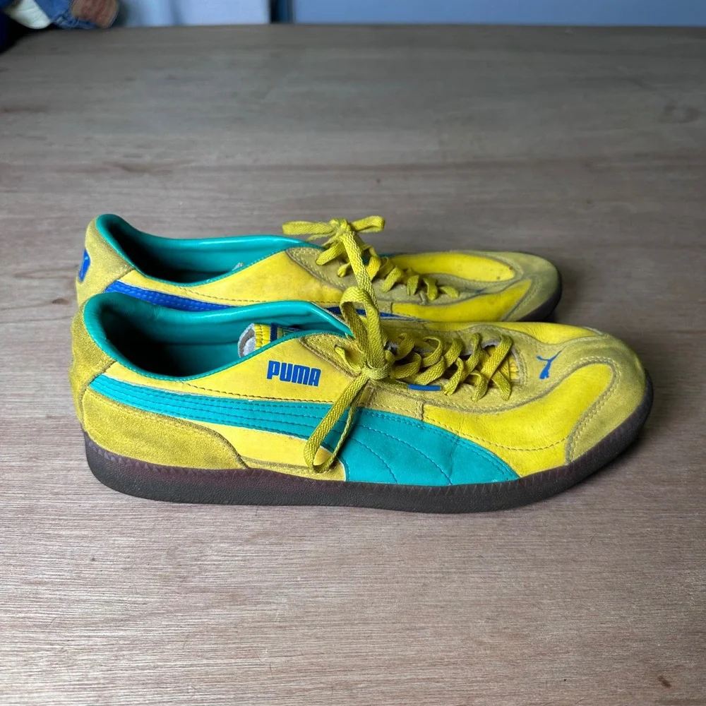 Vintage Yellow Puma Shoes With Blue And Green Stripes. RARE